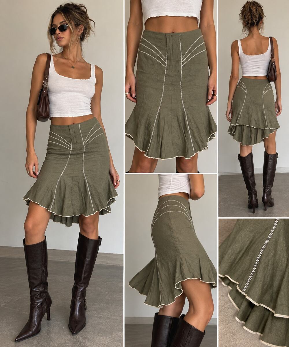 Vintage Y2K Bebe Burnt Olive Linen Blend Contrast Stitch Flared Skirt – Size 0